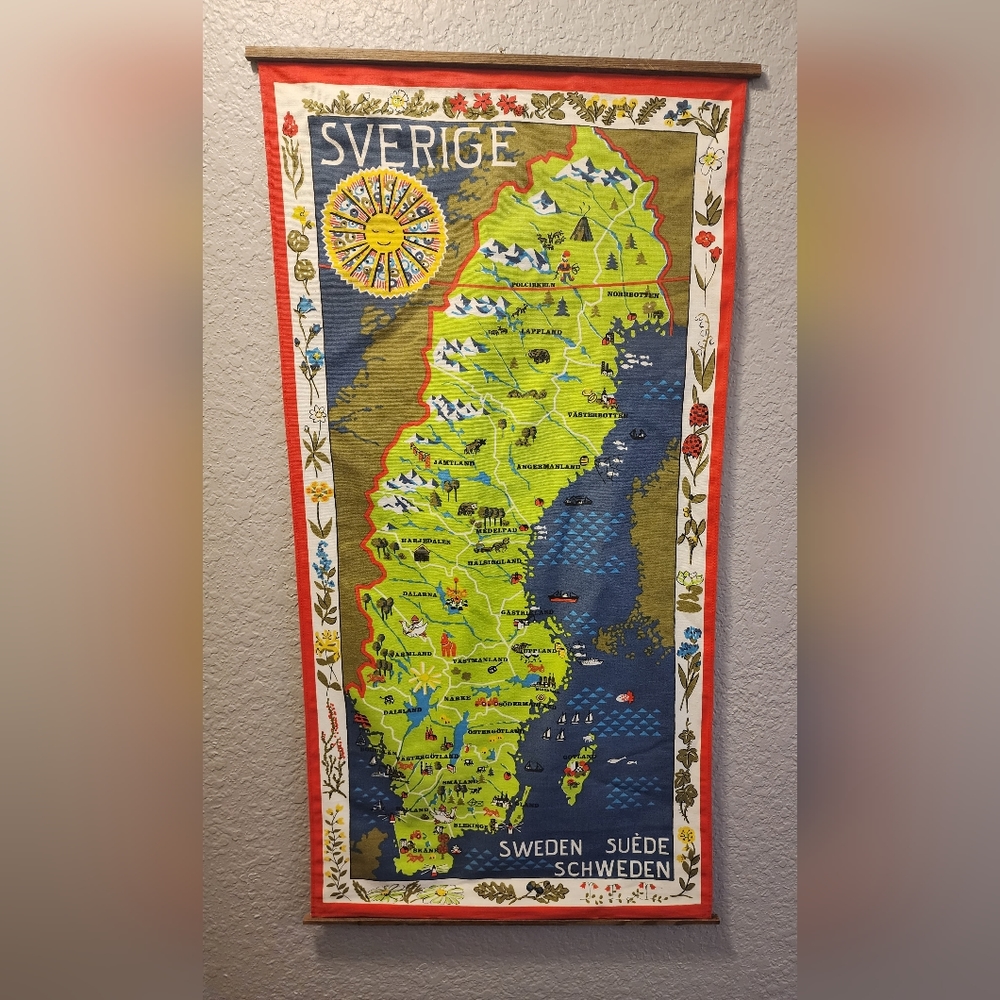 Vintage MCM Sweden Tourist Map Tapestry